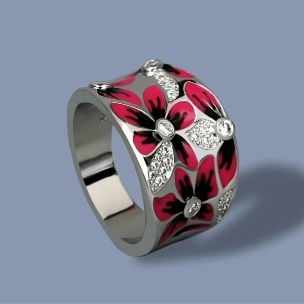New!‎  Boho Style Red Floral Inlay with Rhinestone Band Ring
